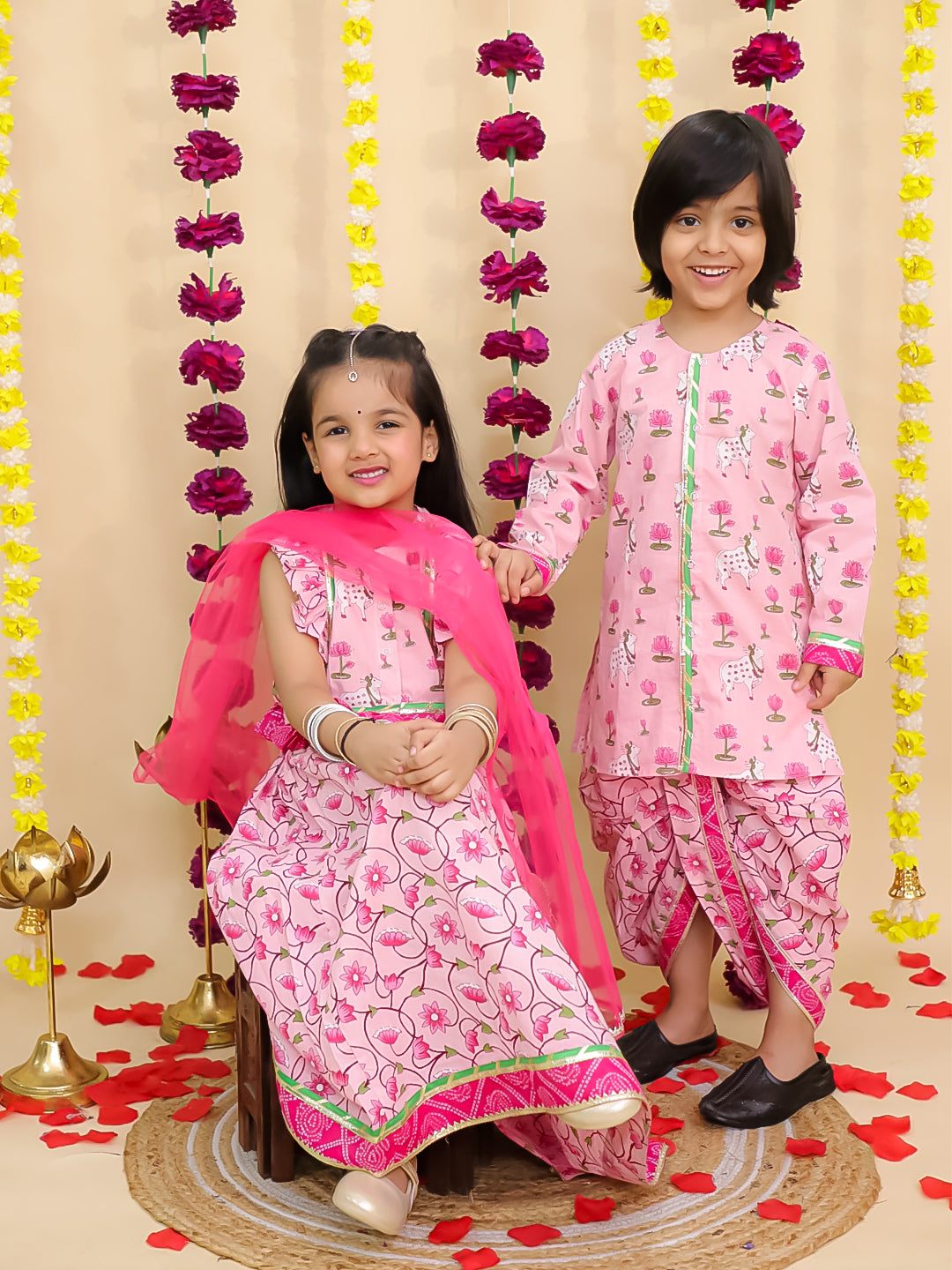 BownBee Pure Cotton Pichwai Printed Lehenga Choli & Dhoti Kurta Sibling Set - Pink
