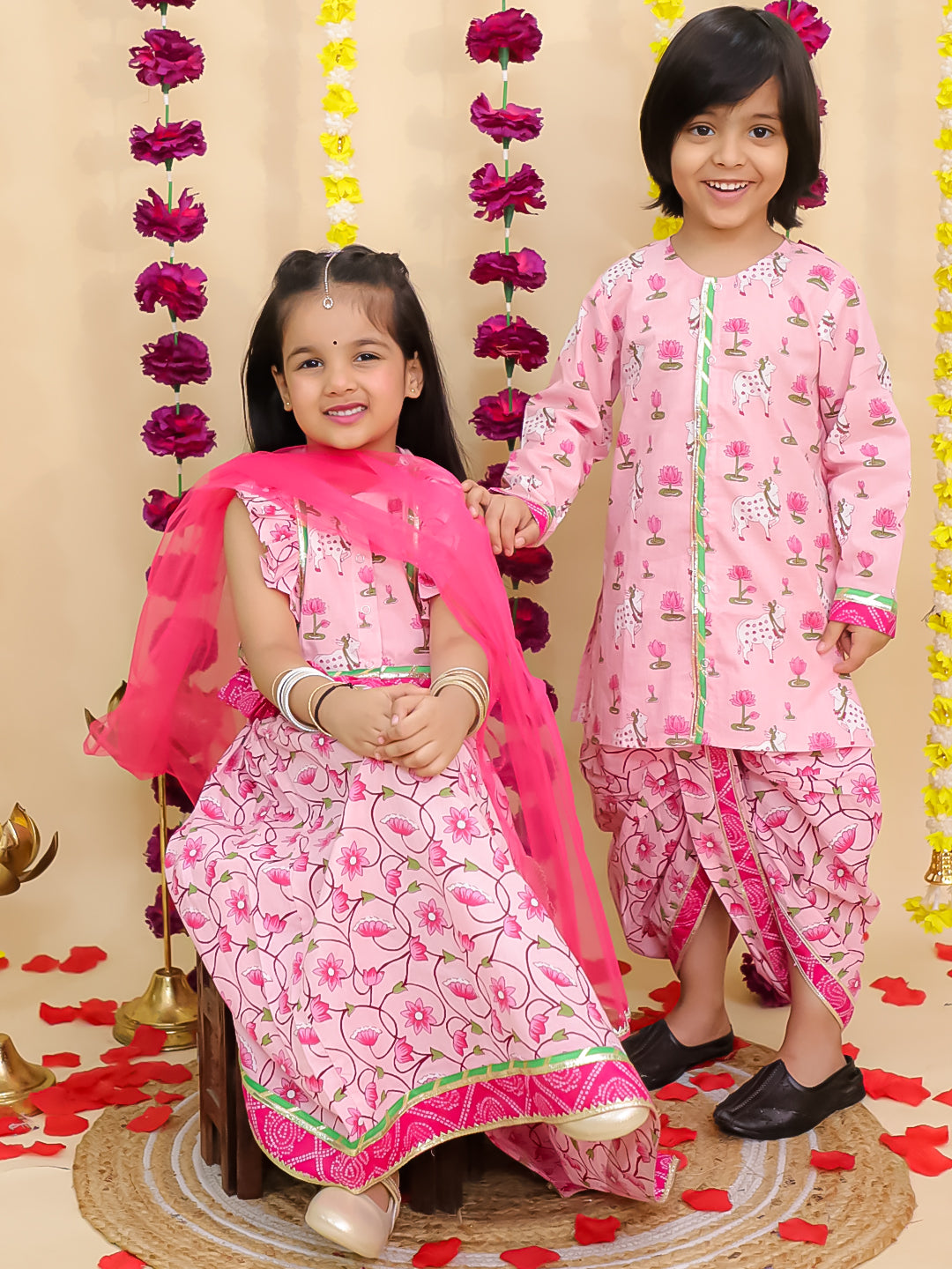 BownBee Pure Cotton Pichwai Printed Lehenga Choli & Dhoti Kurta Sibling Set - Pink