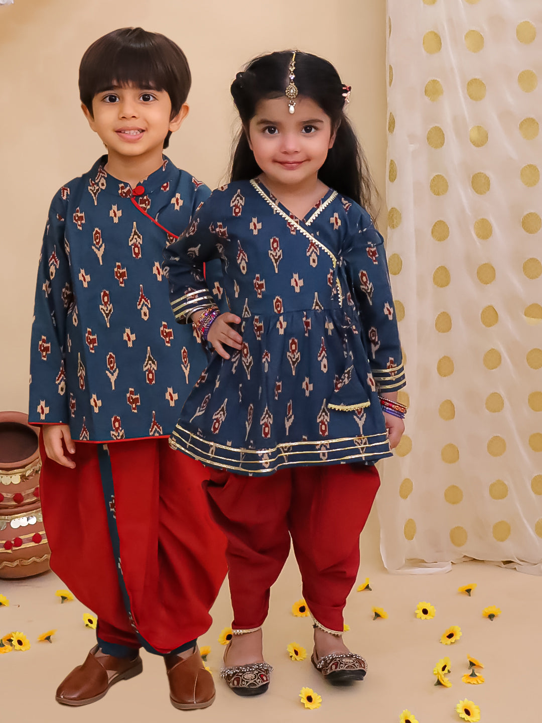 BownBee Pure Cotton Bandhni Kurti Dhoti & Dhoti Kurta Sibling Set - Blue