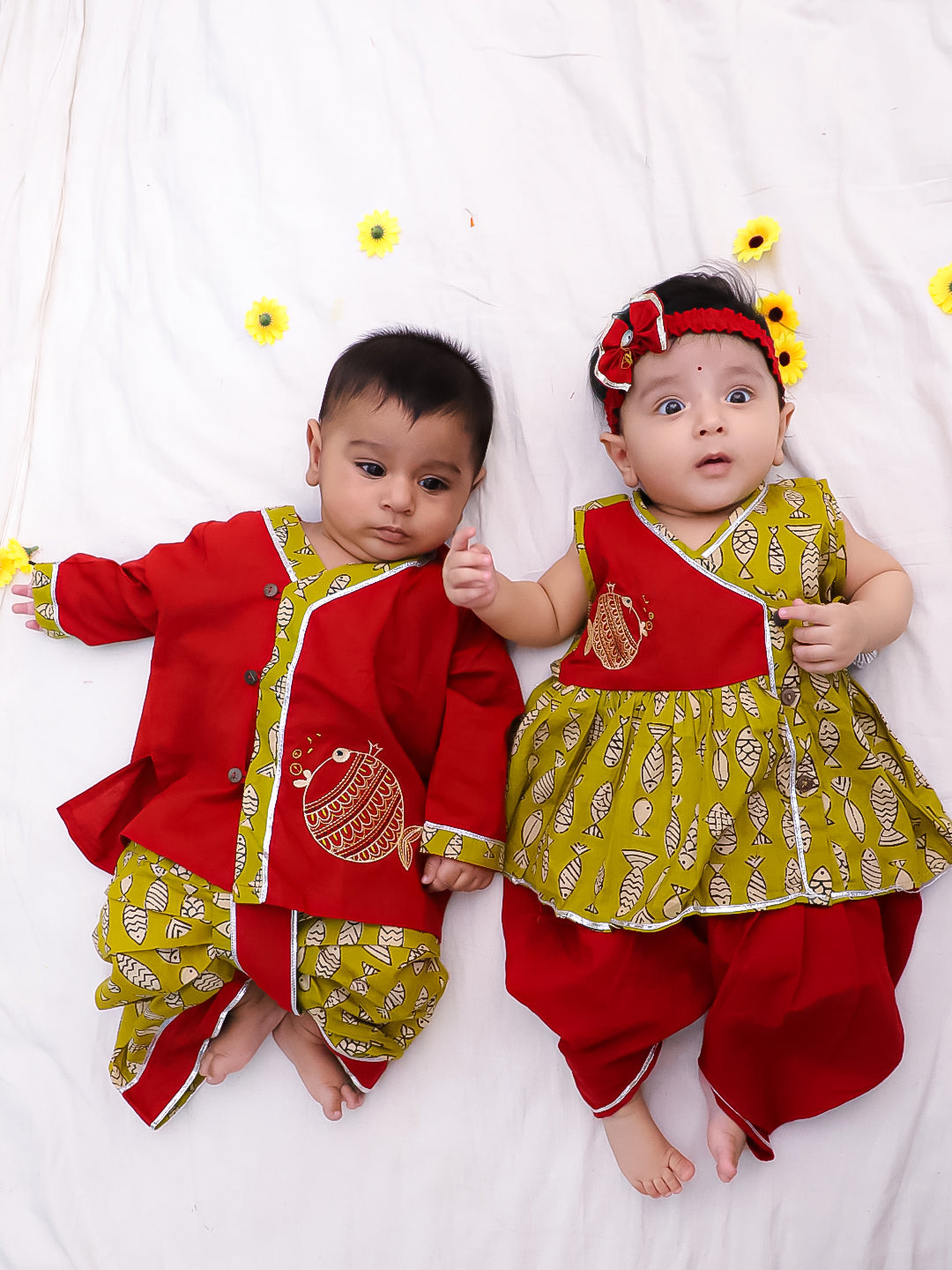 BownBee Pure Cotton Fish Embroidered Ethnic Suit Set & Kurta Dhoti Sibling Set For Infants - Maroon