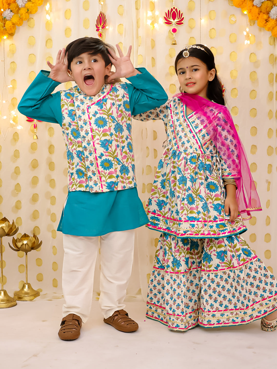 BownBee Pure Cotton Printed Sharara Suit & Kurta Pajama Jacket Sibling Set - Green