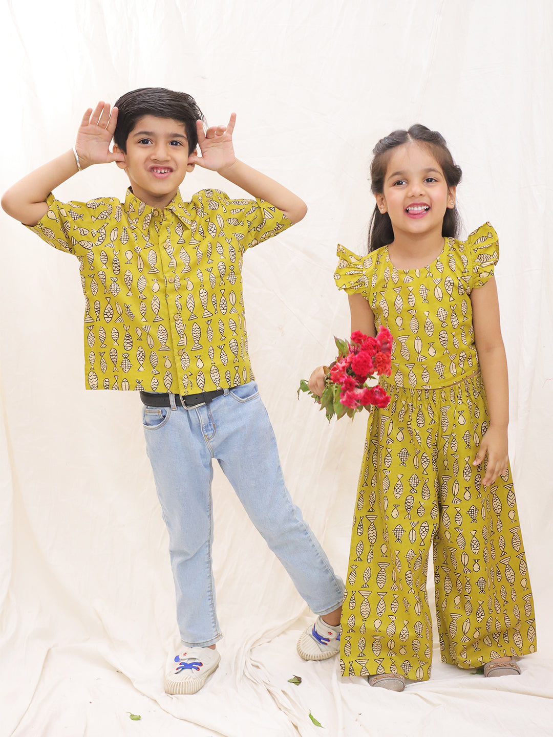 BownBee Pure Cotton Fish Printed Clothing Set & Shirt Sibling Set - Mustard