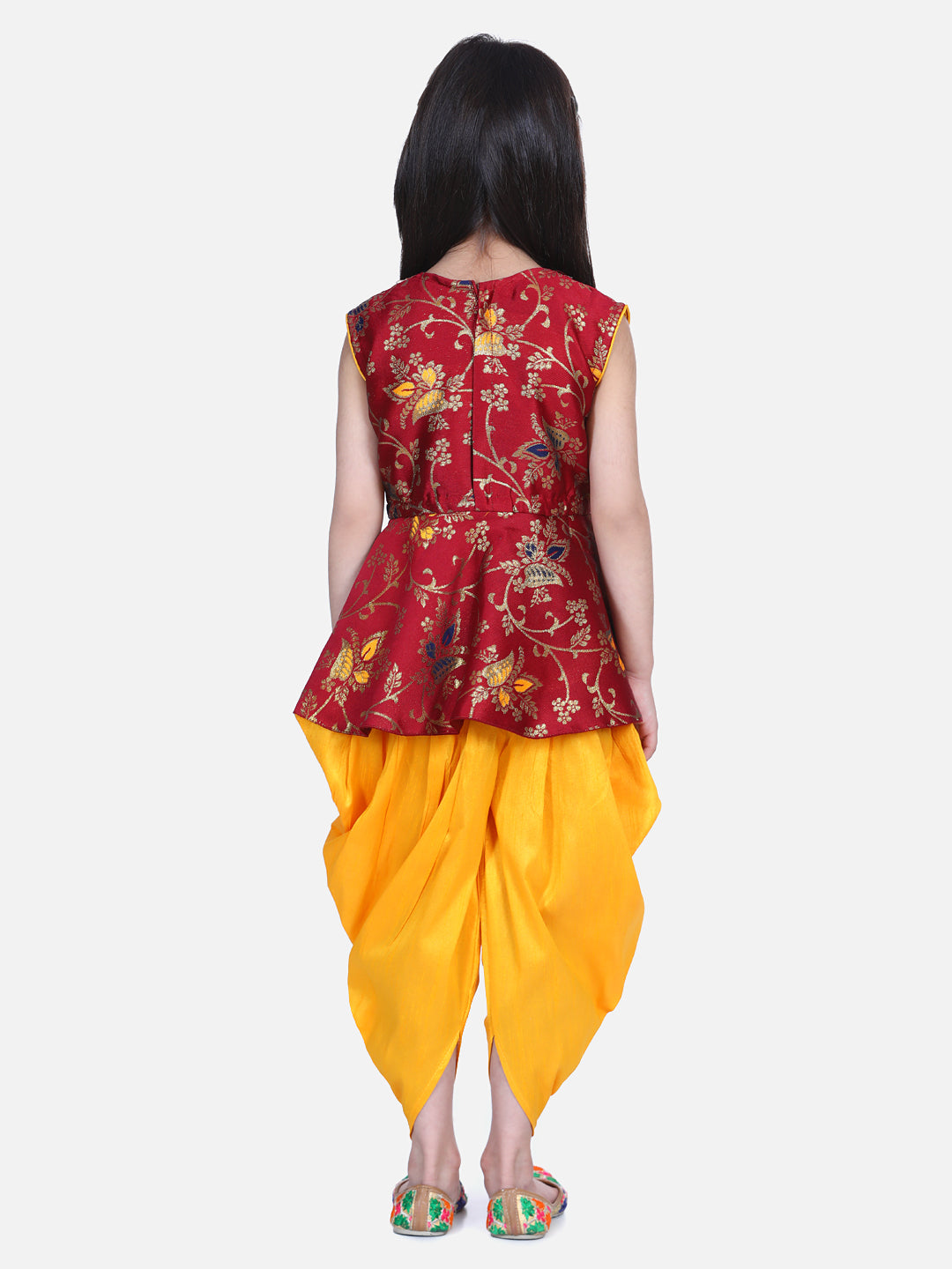BownBee Flower Print Sleeveless Top With Silk Dhoti - Maroon