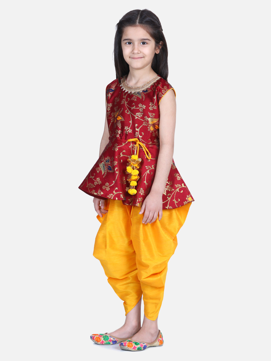 BownBee Flower Print Sleeveless Top With Silk Dhoti - Maroon