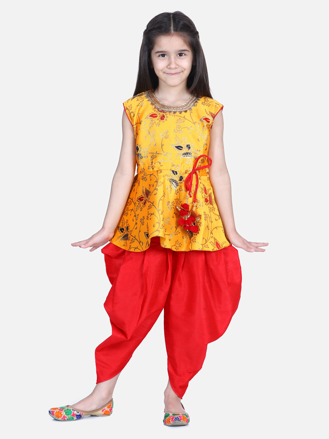 BownBee Flower Print Sleeveless Top With Silk Dhoti - Yellow