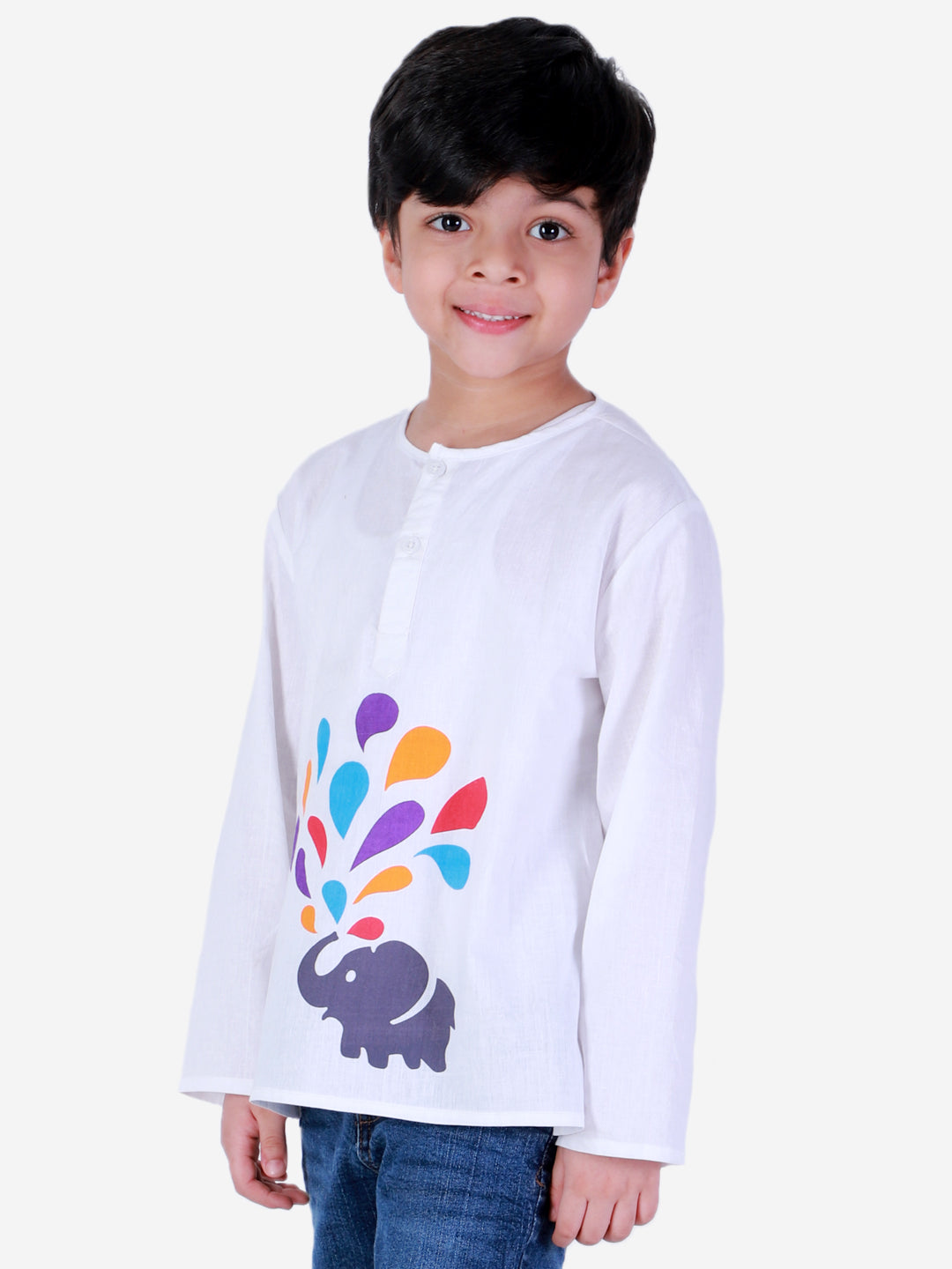 BownBee 100% Cotton Full Sleeve Holi Theme Colour Water Droplets & Elephant Printed Kurta - White