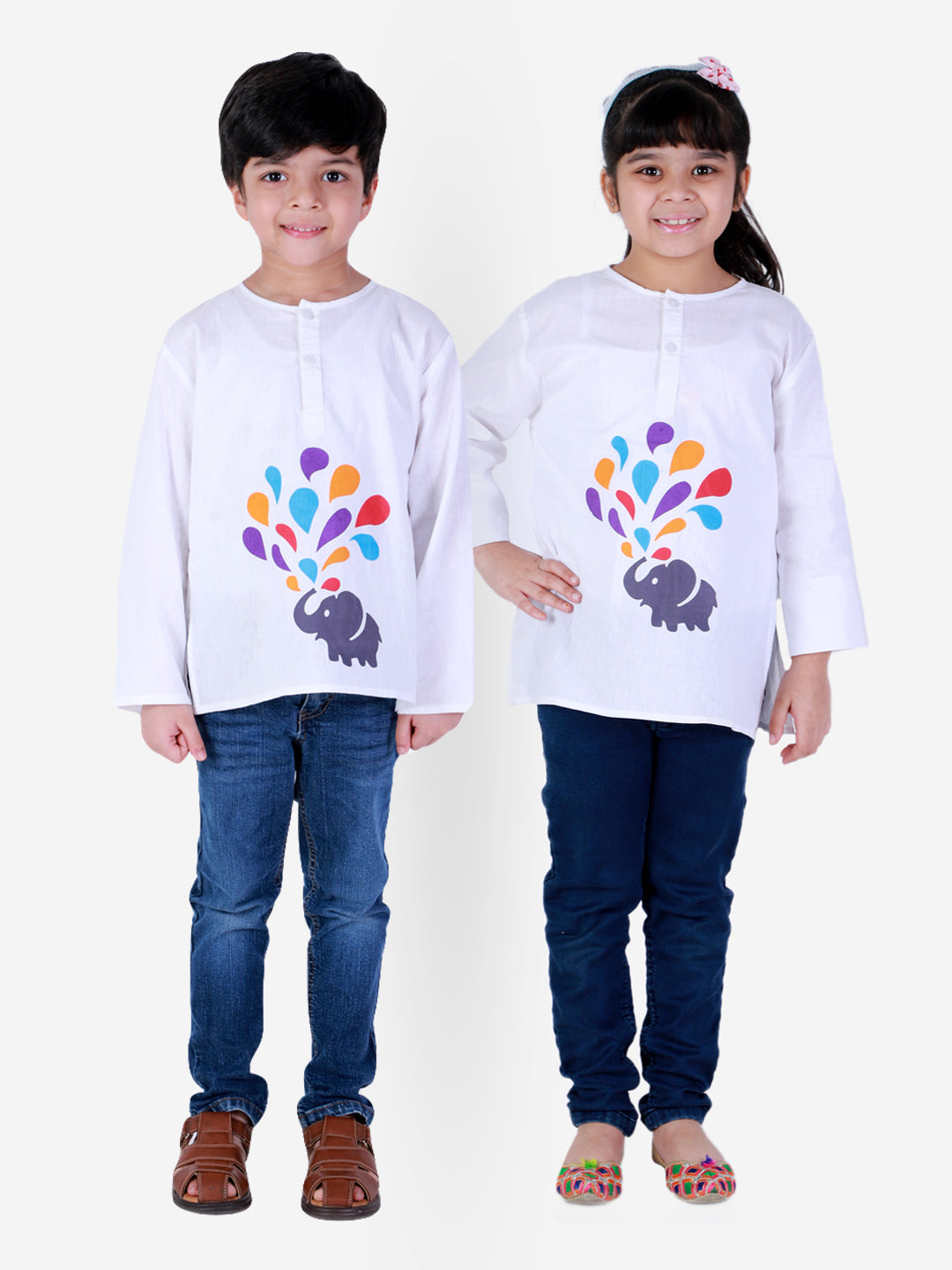 BownBee 100% Cotton Full Sleeve Holi Theme Colour Water Droplets & Elephant Printed Kurta - White