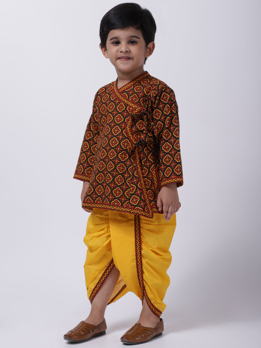 BownBee Jaipuri Print Full Sleeves Angrakha Style Kurta & Dhoti Set - Black