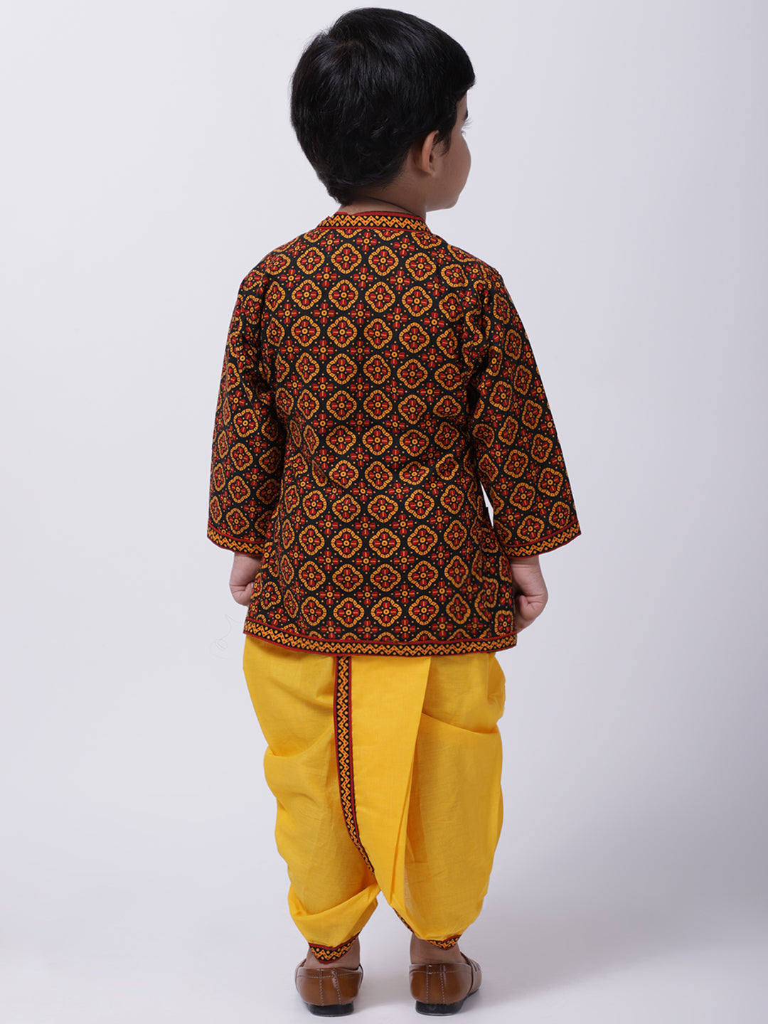 BownBee Jaipuri Print Full Sleeves Angrakha Style Kurta & Dhoti Set - Black
