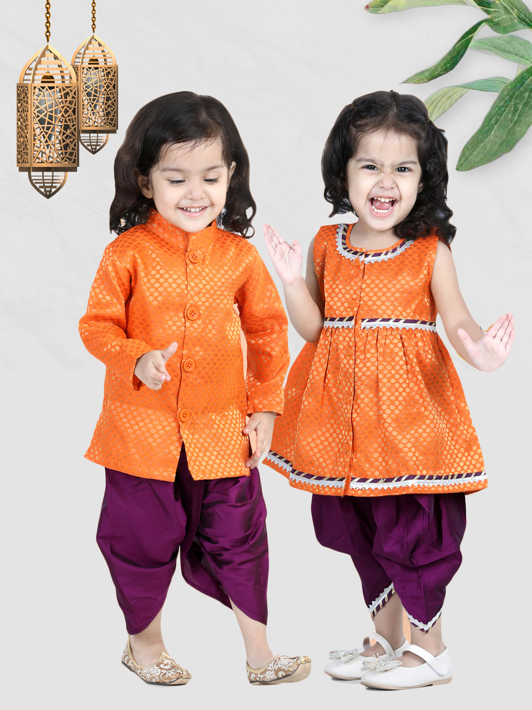 BownBee Sibling Jacquard Full Sleeve Sherwani Dhoti and Top with Dhoti-Orange