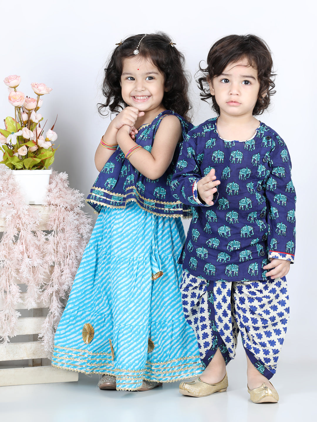 BownBee Sibling Sets Hathi Print Pure Cotton Choli  Leheriya Lehenga for Girls-and Dhoti Kurta for Boys Blue