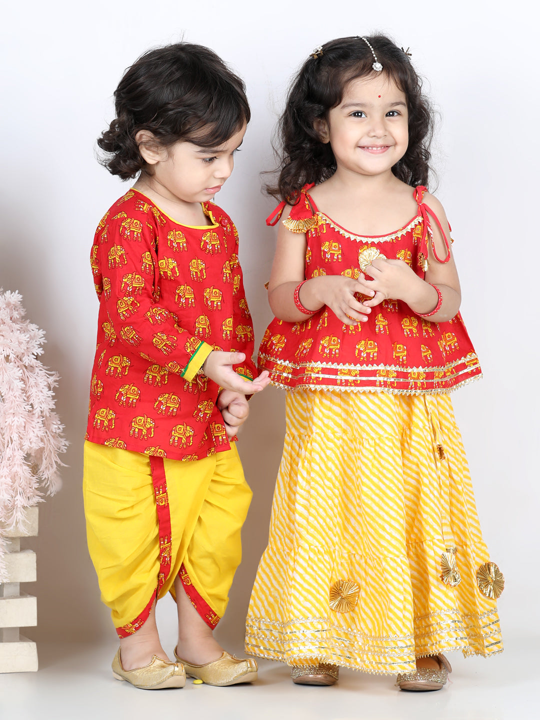 BownBee Sibling Sets Hathi Print Pure Cotton Choli  Leheriya Lehenga for Girls-and Dhoti Kurta for Boys Red