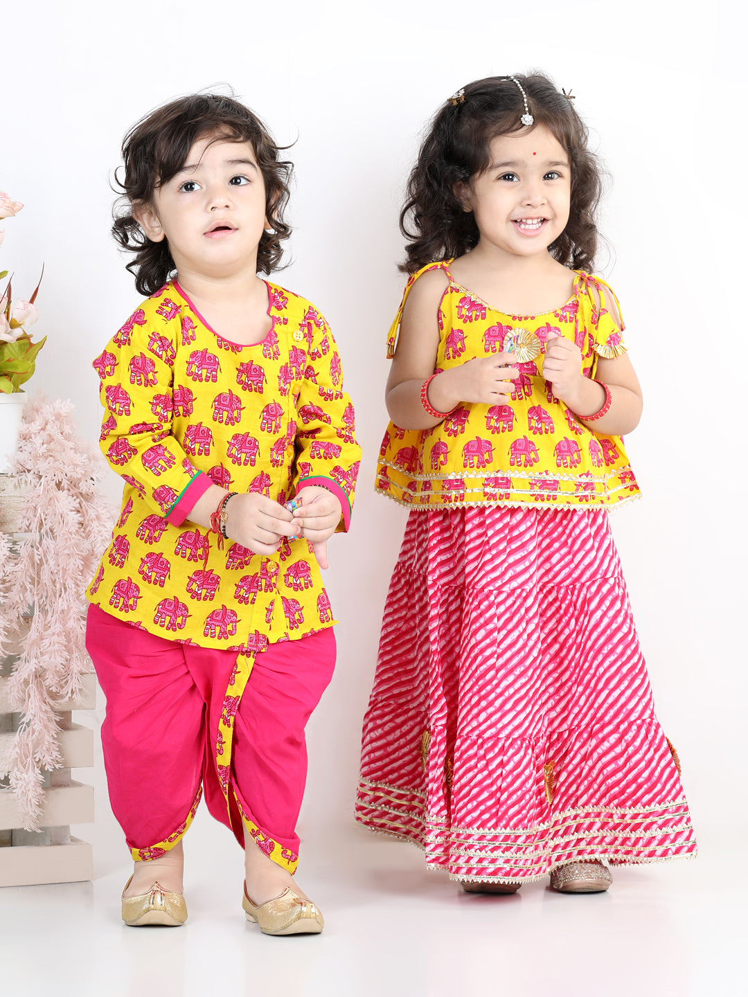 BownBee Sibling Sets Hathi Print Pure Cotton Choli  Leheriya Lehenga for Girls-and Dhoti Kurta for Boys Yellow