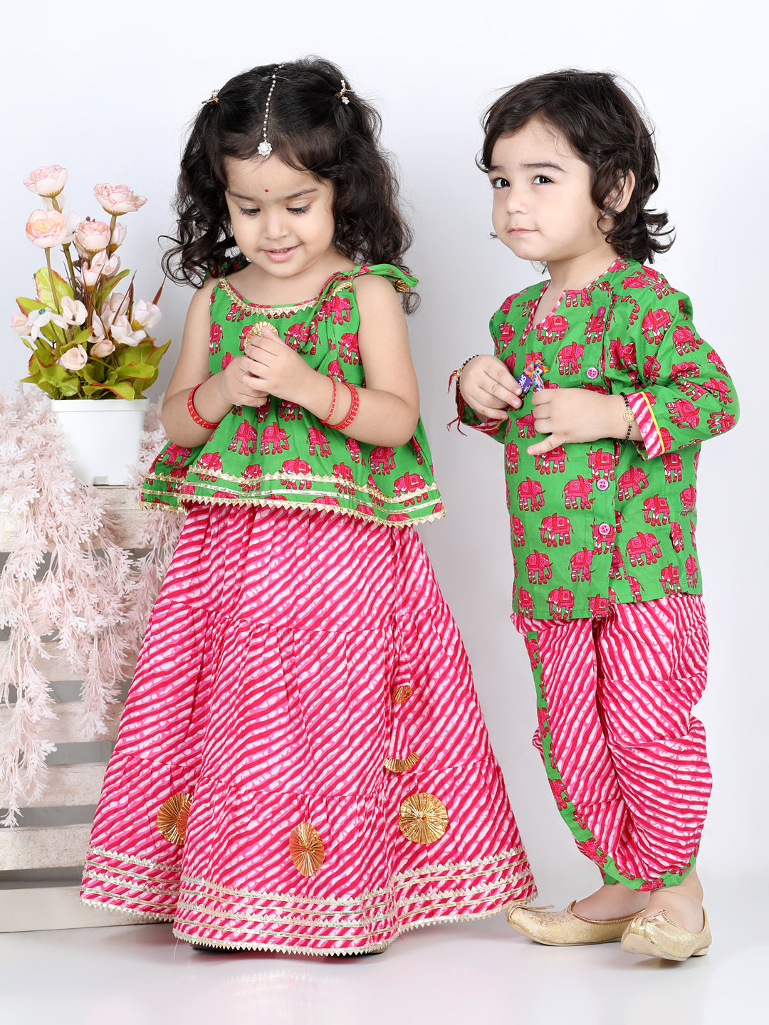 BownBee Sibling Sets Hathi Print Pure Cotton Choli  Leheriya Lehenga for Girls-and Dhoti Kurta for Boys Green