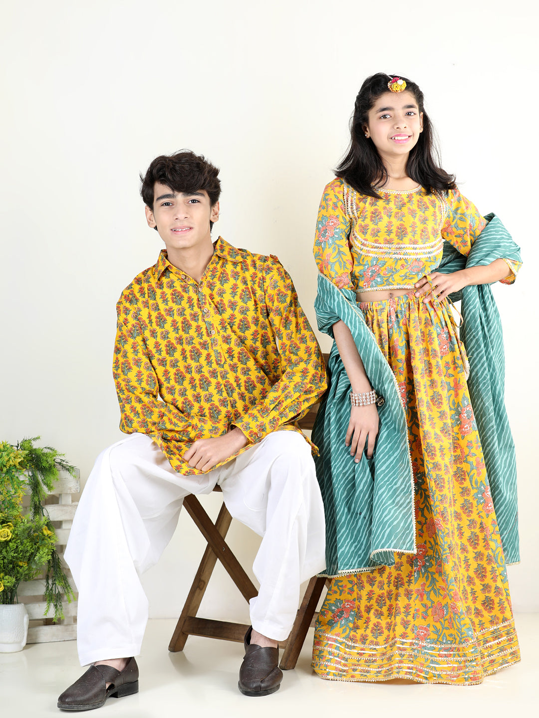 BownBee Printed Cotton Full Sleeve Pathani Salwar Set for Boys- Yellow