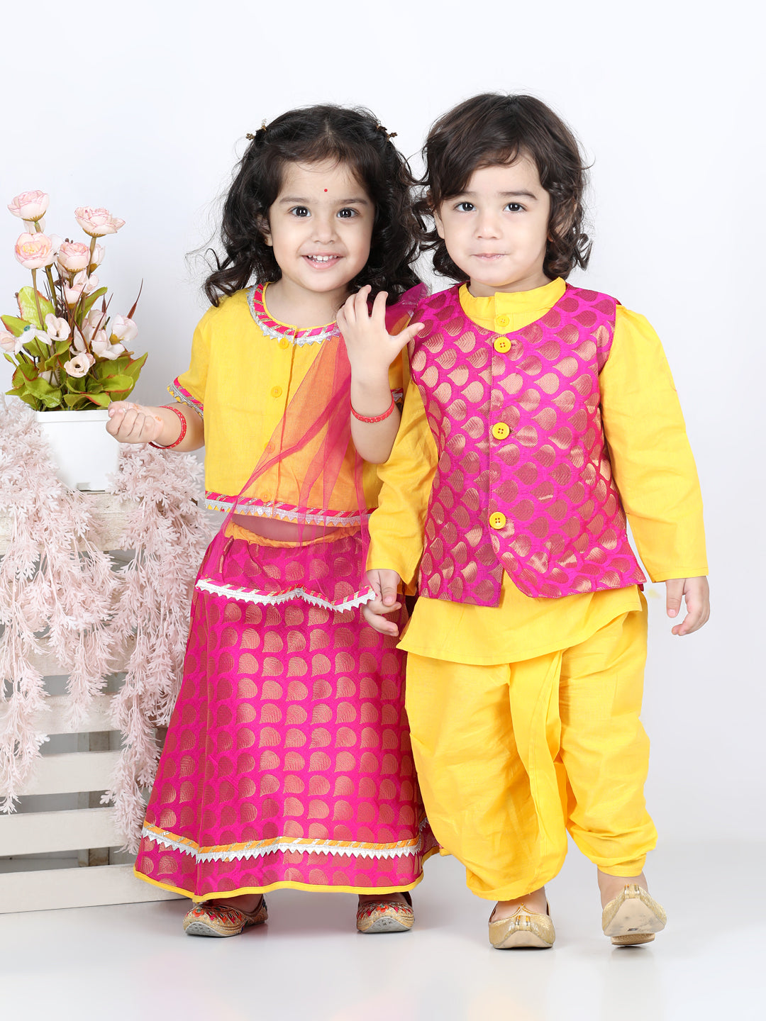 BownBee Sibling Cotton Kurta with Jacket and Front Open Cotton Top With Jacquard Lehenga-Yellow