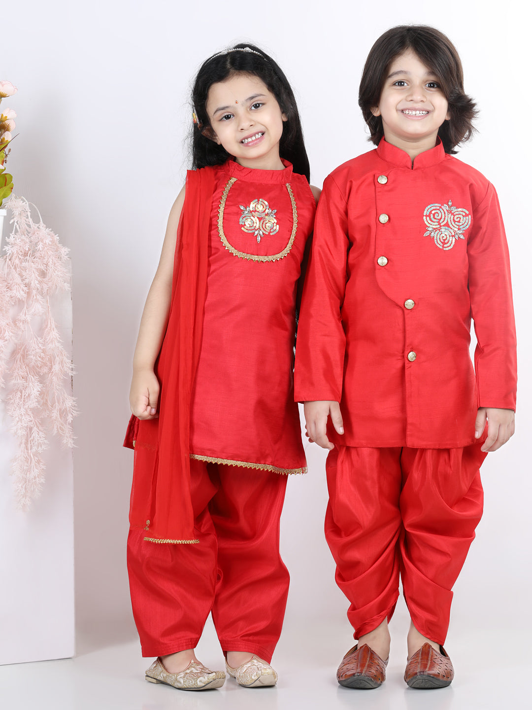 BownBee Sibling Hand Embroidered Sherwani Dhoti for Boys Kurti Salwar with Dupatta-Red