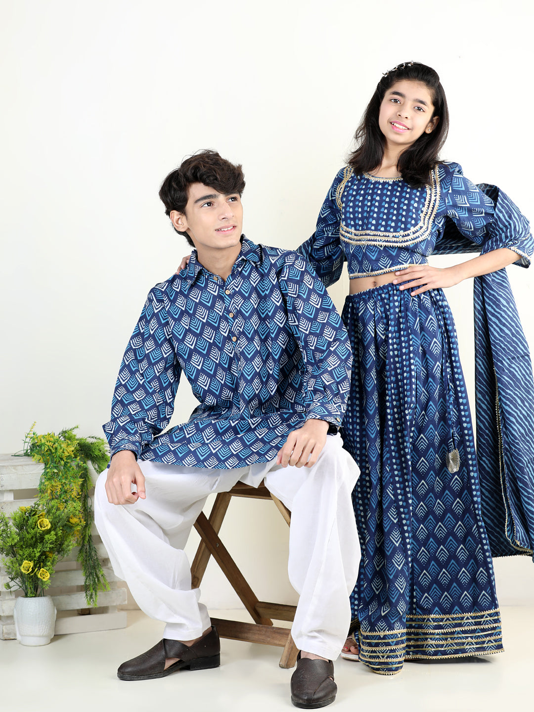 BownBee Printed Cotton Full Sleeve Pathani Salwar Set for Boys- Blue