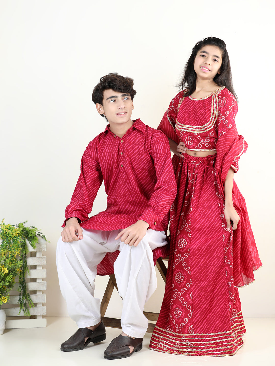 BownBee Sibling Pure Cotton Printed Lehenga Choli Dupatta and Kurta Pajama - Pink