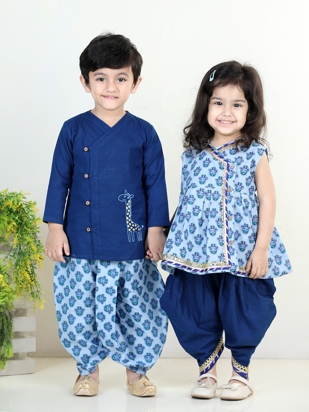 BownBee Sibling Cotton Embroidery Kurta with Printed Dhoti for Boys Printed Top with Dhoti Girls Blue