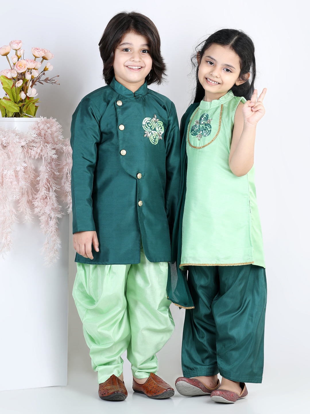 BownBee Sibling Hand Embroidered Sherwani Dhoti for Boys Kurti Salwar with Dupatta