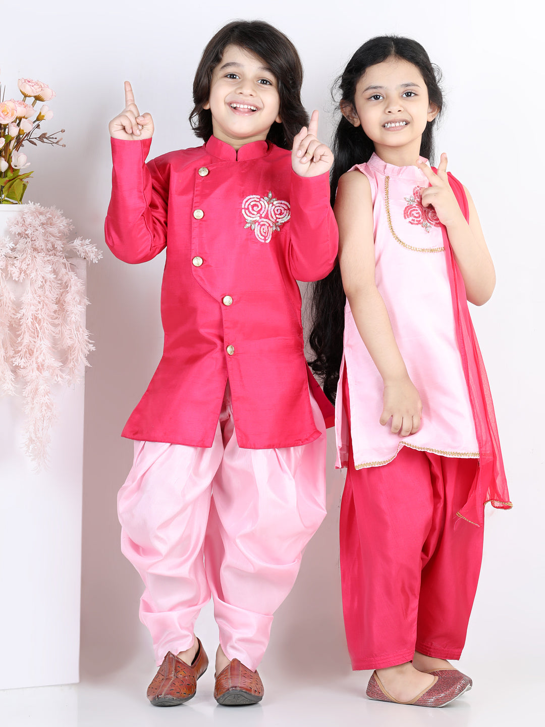 BownBee Sibling Hand Embroidered Sherwani Dhoti for Boys Kurti Salwar with Dupatta-Pink