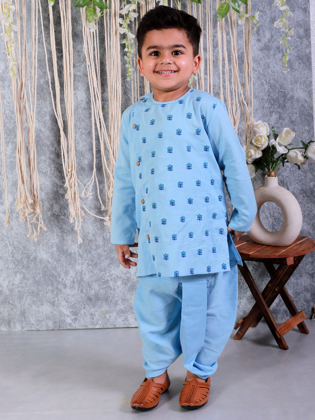 BownBee Sibling Set Embroidered Full Sleeve Pure Cotton Kurta with Dhoti for Boys and Cotton Embroidered Top with Palazzo Pants for Girls- Blue