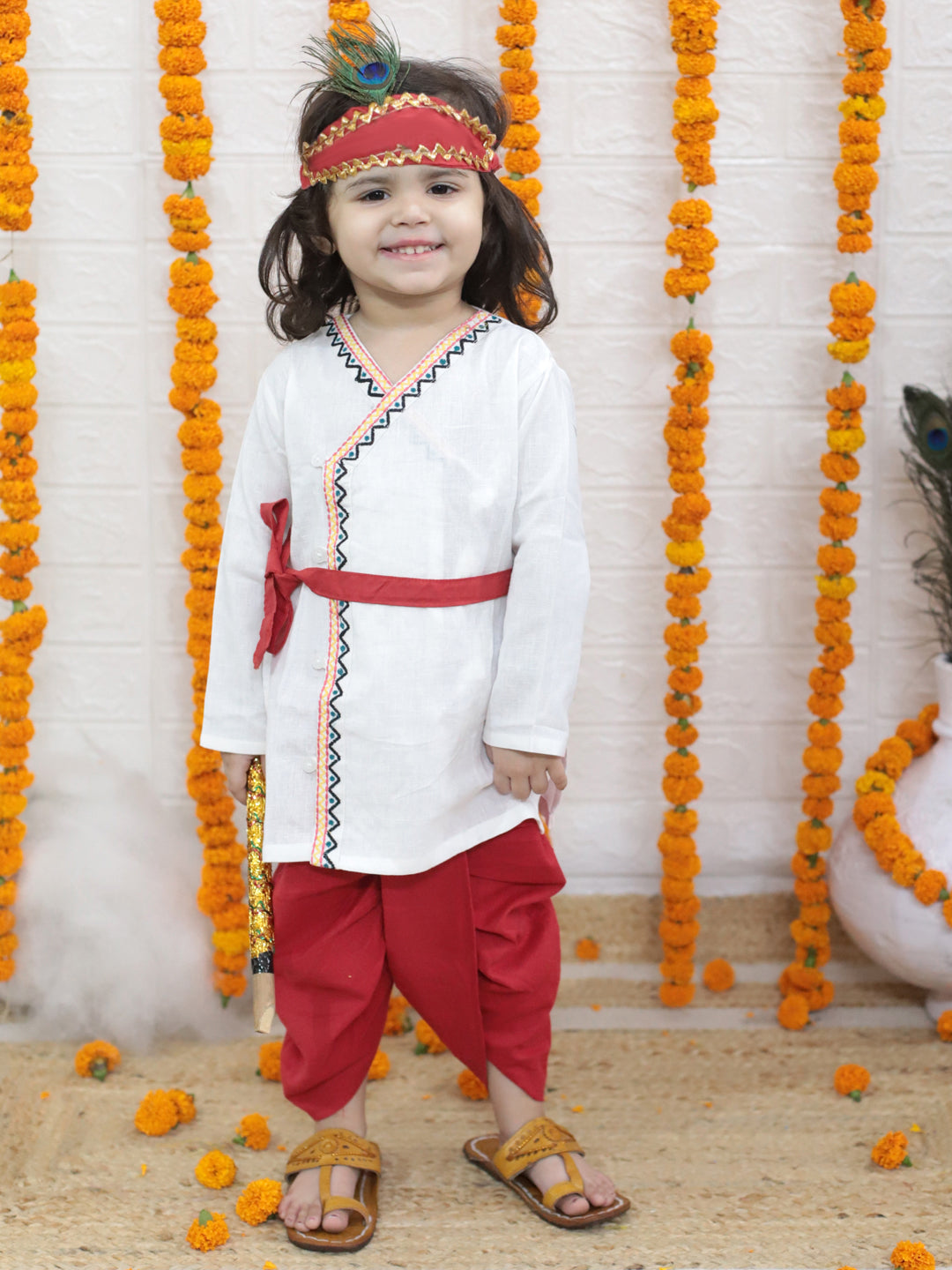 BownBee Cotton Full Sleeve Kurta Dhoti with Mukut Belt and Bansuri Kanhaiya Set For Janmashtami - White