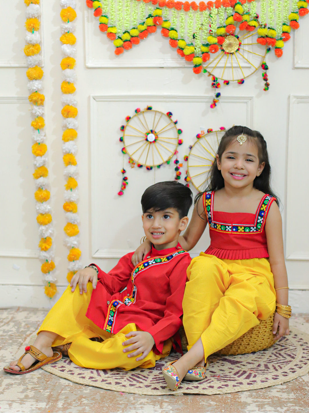 BownBee Embroidered Cotton Kurtawith Dhoti for Boys- Red with Embroidered Cotton Top with Dhoti for Girls- Red