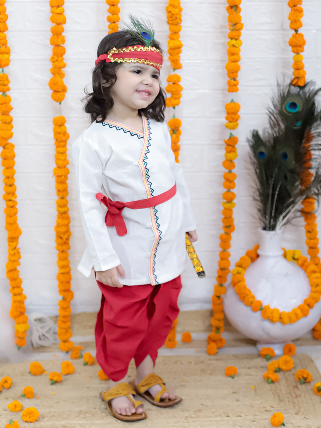 BownBee Cotton Full Sleeve Kurta Dhoti with Mukut Belt and Bansuri Kanhaiya Set For Janmashtami - White