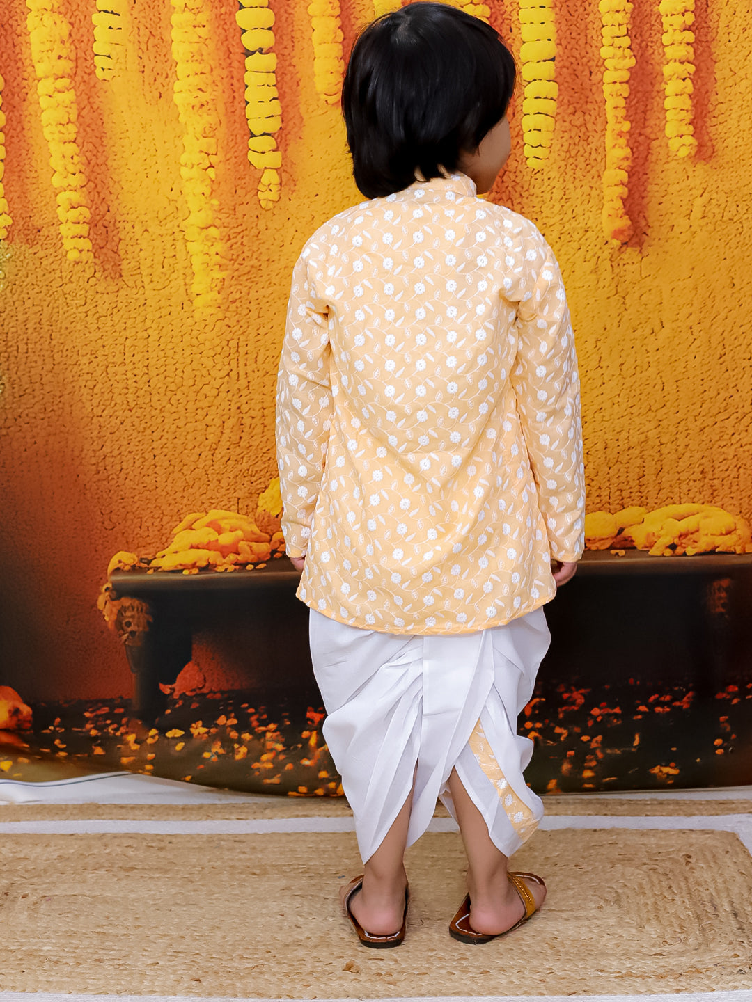 BownBee Chikan Cotton Full Sleeve Kurta with Dhoti for Boys- Orange