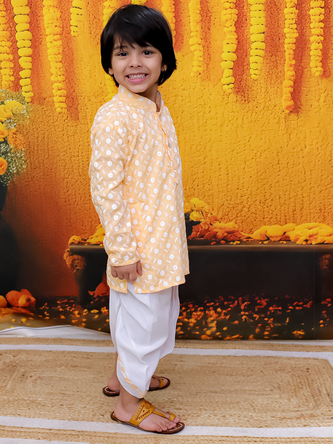 BownBee Chikan Cotton Full Sleeve Kurta with Dhoti for Boys- Orange