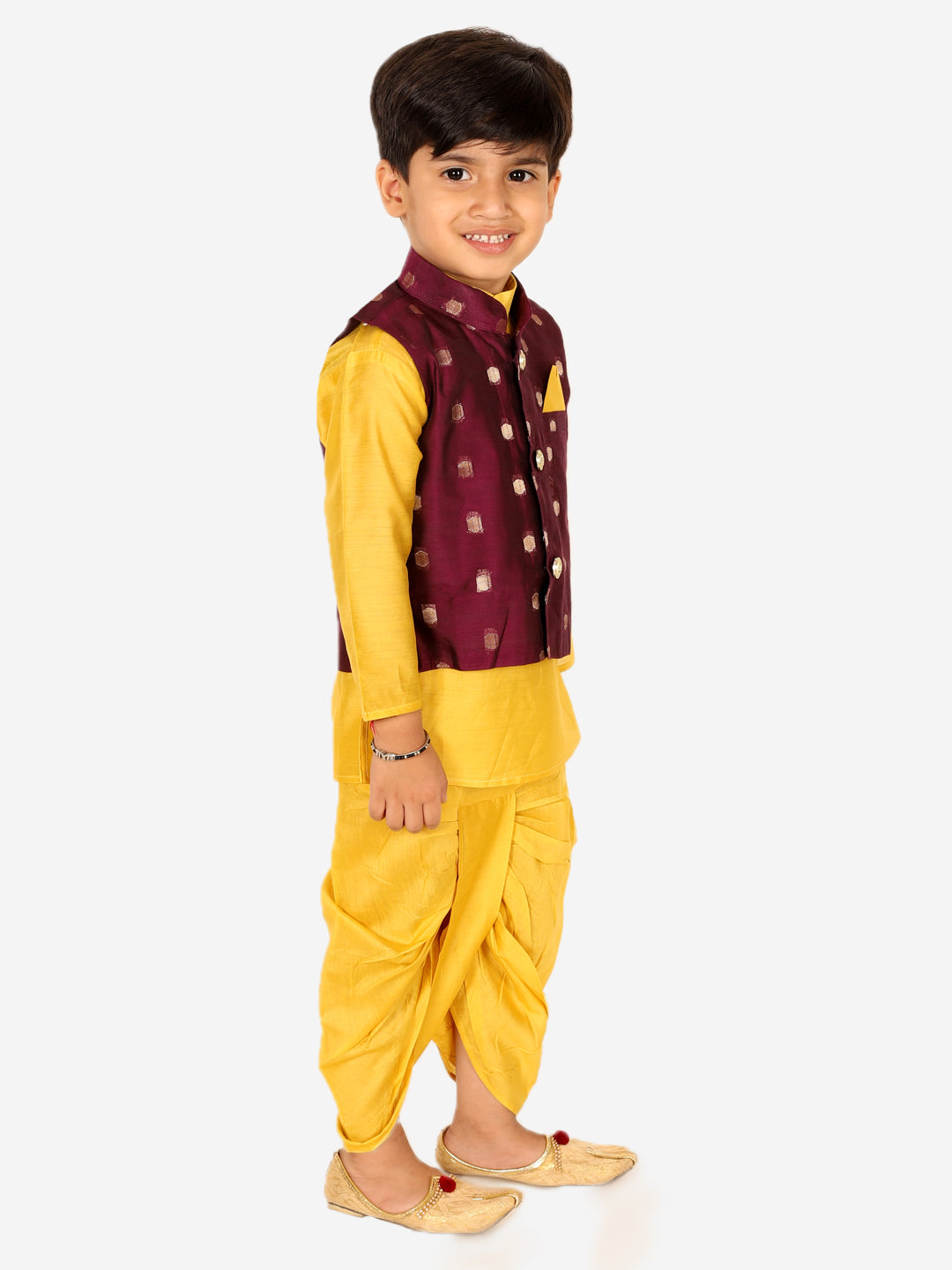 BownBee Chanderi Jacket with Chanderi Dhoti Kurta for Boys andOne Shoulder Chanderi Silk  Peplum with Dhoti for Girls- Purple