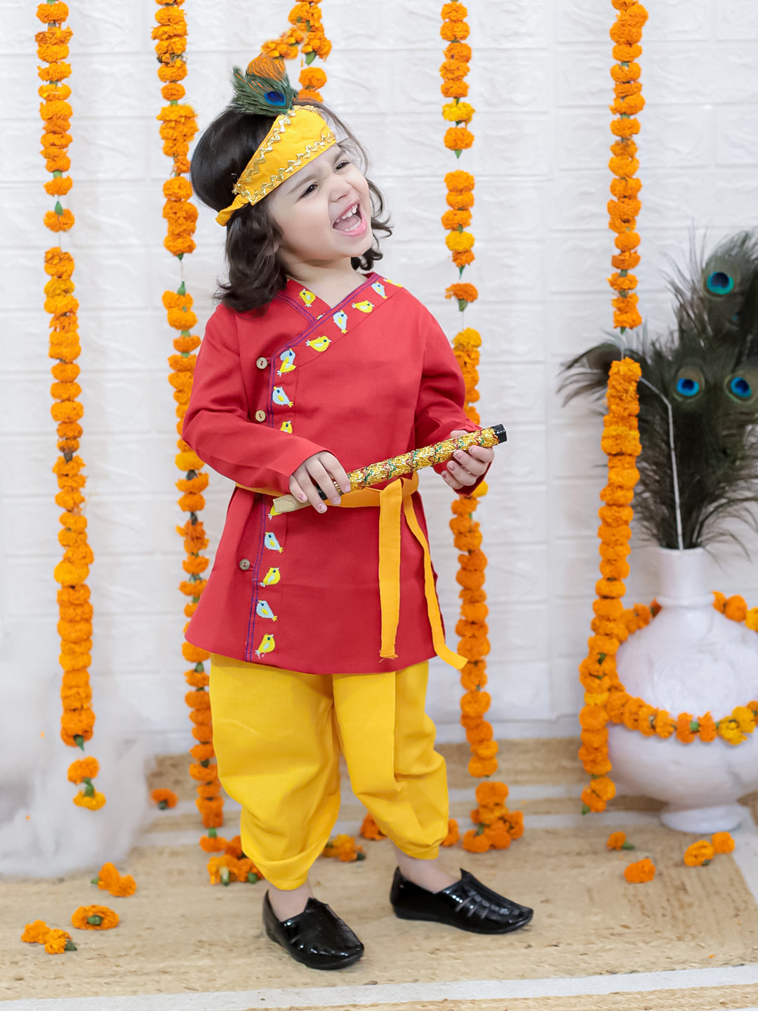 BownBee Cotton Full Sleeve Kurta Dhoti with Mukut Belt and Bansuri Kanhaiya Set For Janmashtami - Red