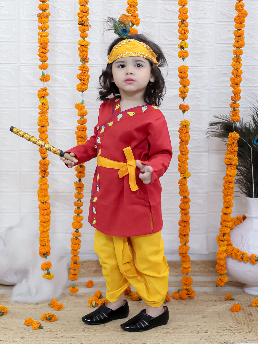 BownBee Cotton Full Sleeve Kurta Dhoti with Mukut Belt and Bansuri Kanhaiya Set For Janmashtami - Red