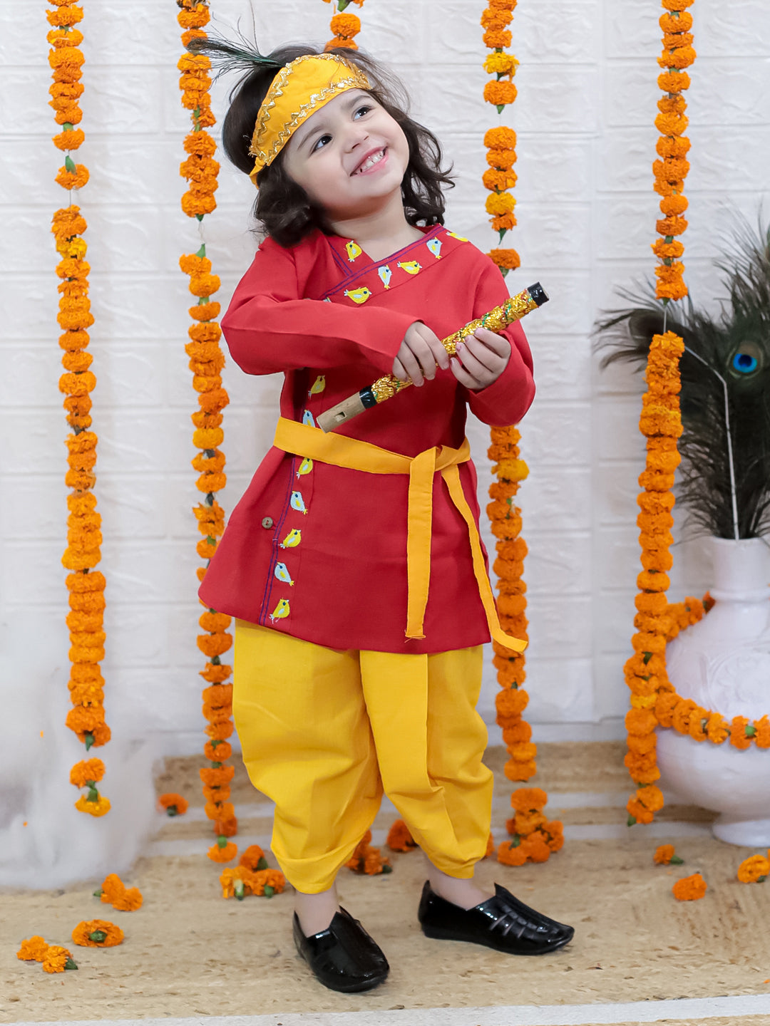 BownBee Cotton Full Sleeve Kurta Dhoti with Mukut Belt and Bansuri Kanhaiya Set For Janmashtami - Red