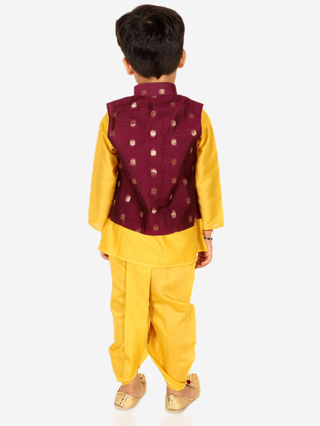 BownBee Chanderi Jacket with Chanderi Dhoti Kurta for Boys andOne Shoulder Chanderi Silk  Peplum with Dhoti for Girls- Purple