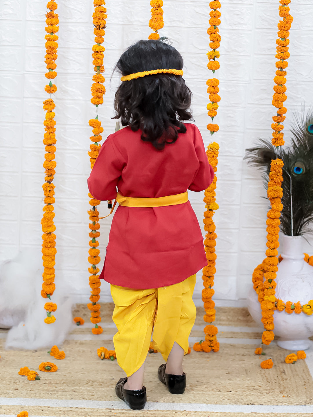 BownBee Cotton Full Sleeve Kurta Dhoti with Mukut Belt and Bansuri Kanhaiya Set For Janmashtami - Red