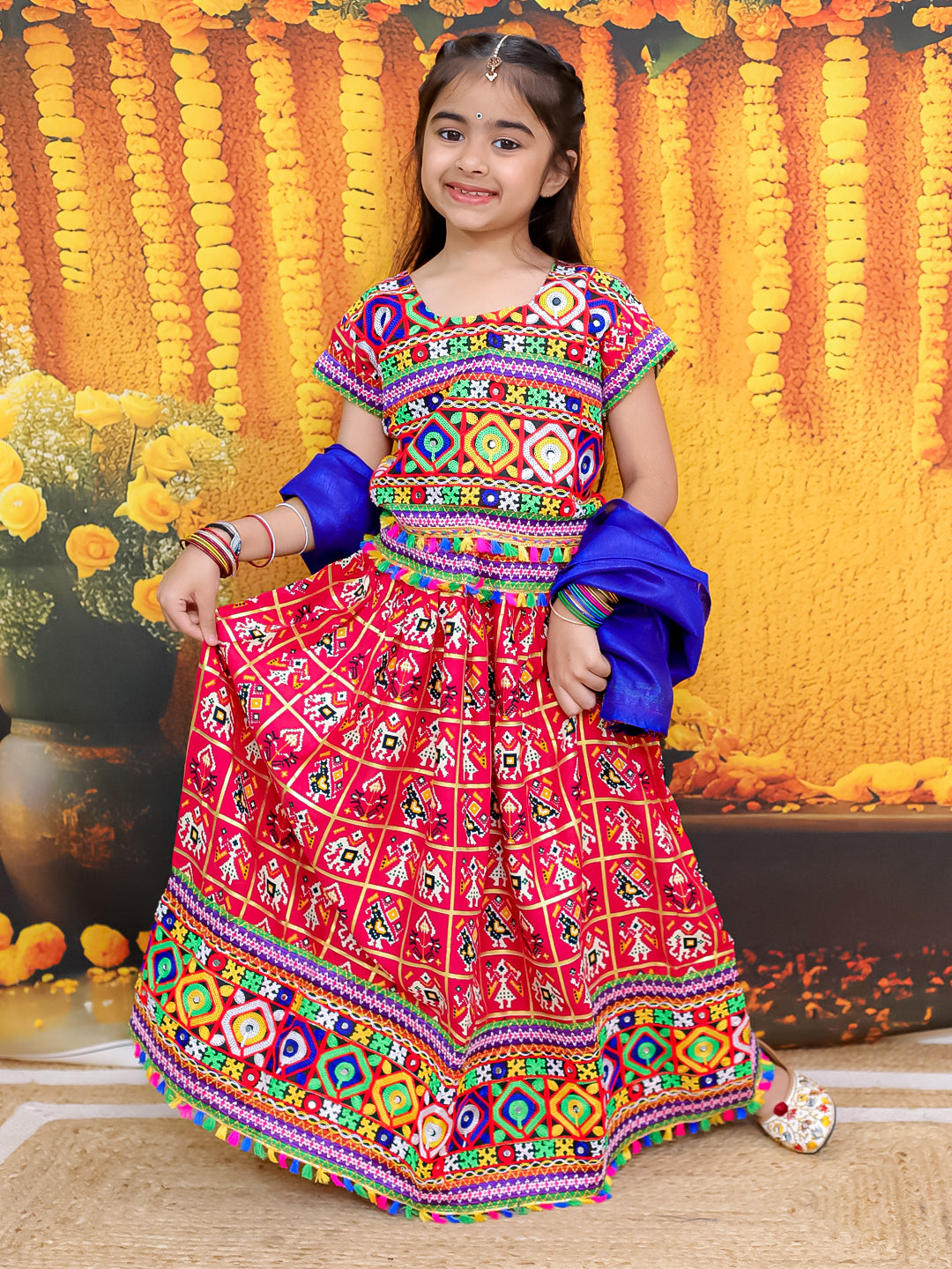 BownBee Embroidered Printed Cotton Chaniya Choli Dupatta  Set For Girls - Pink
