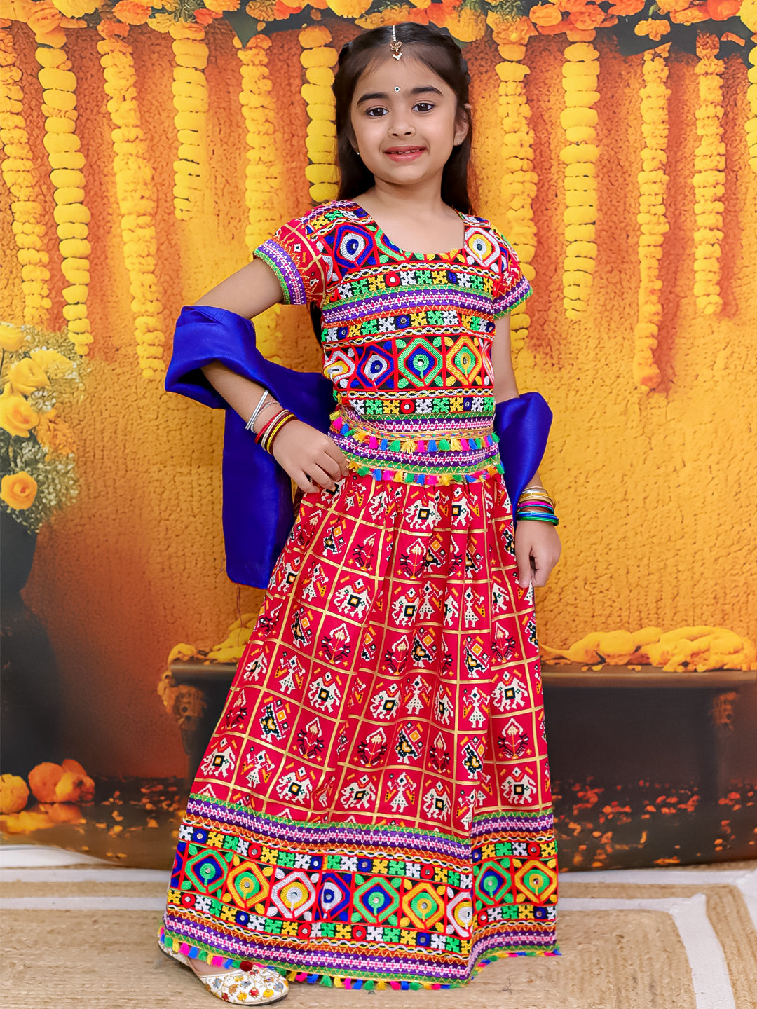 BownBee Embroidered Printed Cotton Chaniya Choli Dupatta  Set For Girls - Pink