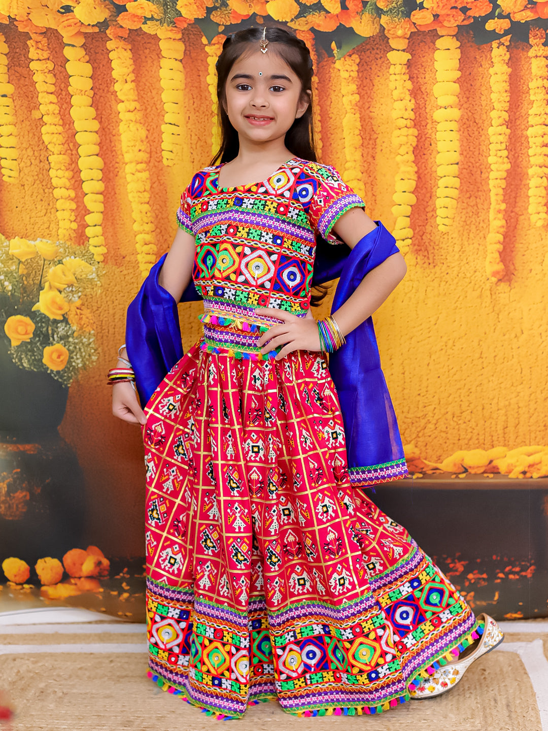 BownBee Embroidered Printed Cotton Chaniya Choli Dupatta  Set For Girls - Pink