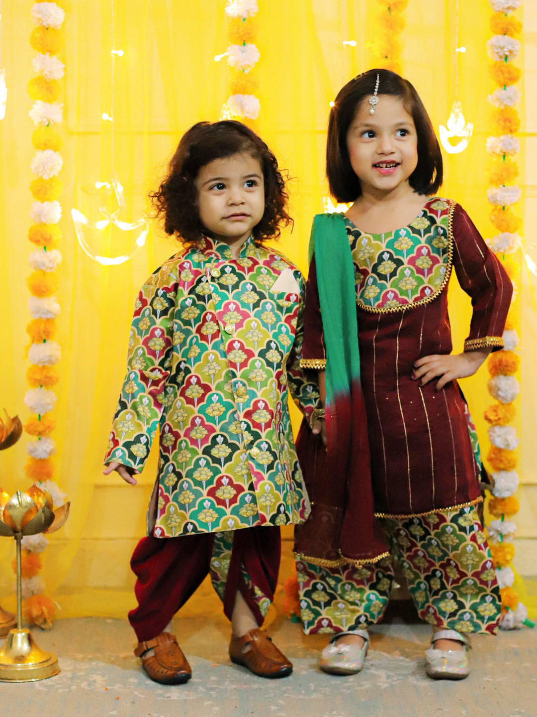 BownBee Printed Full Sleeve Sherwani with Cotton Dhoti and Chanderi Kurta with Printed Salwar and Dupatta for Girls- Maroon