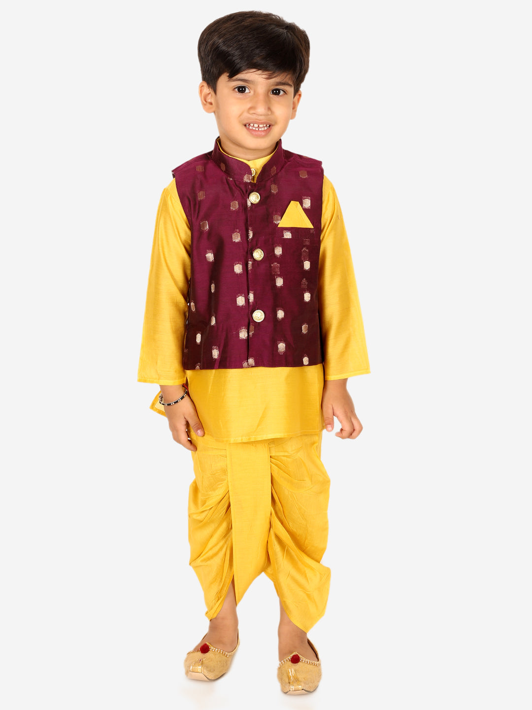 BownBee Chanderi Jacket with Chanderi Dhoti Kurta for Boys andOne Shoulder Chanderi Silk  Peplum with Dhoti for Girls- Purple