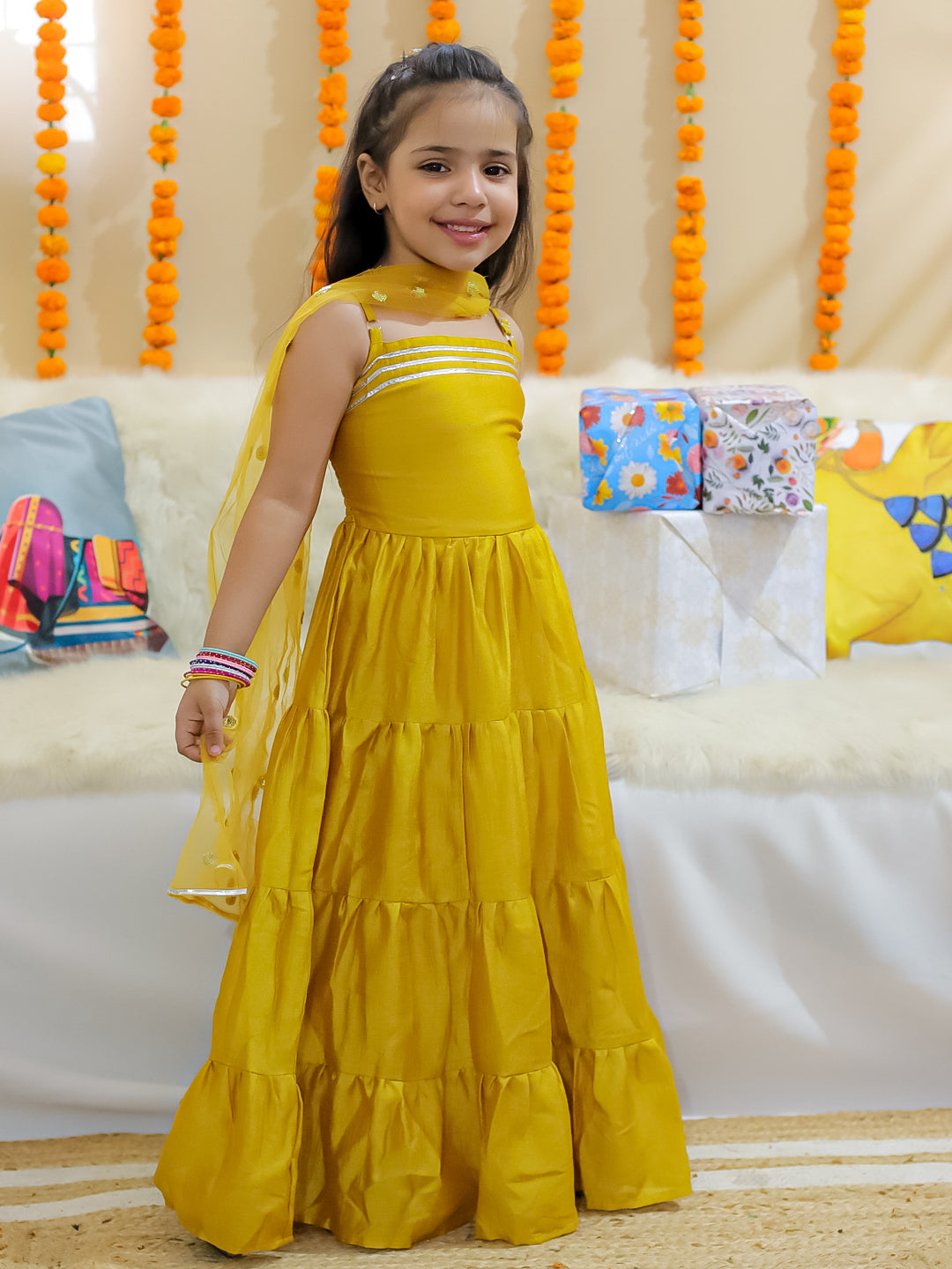 BownBee Tier Gown with Sequined Net Dupatta for Girls - Yellow