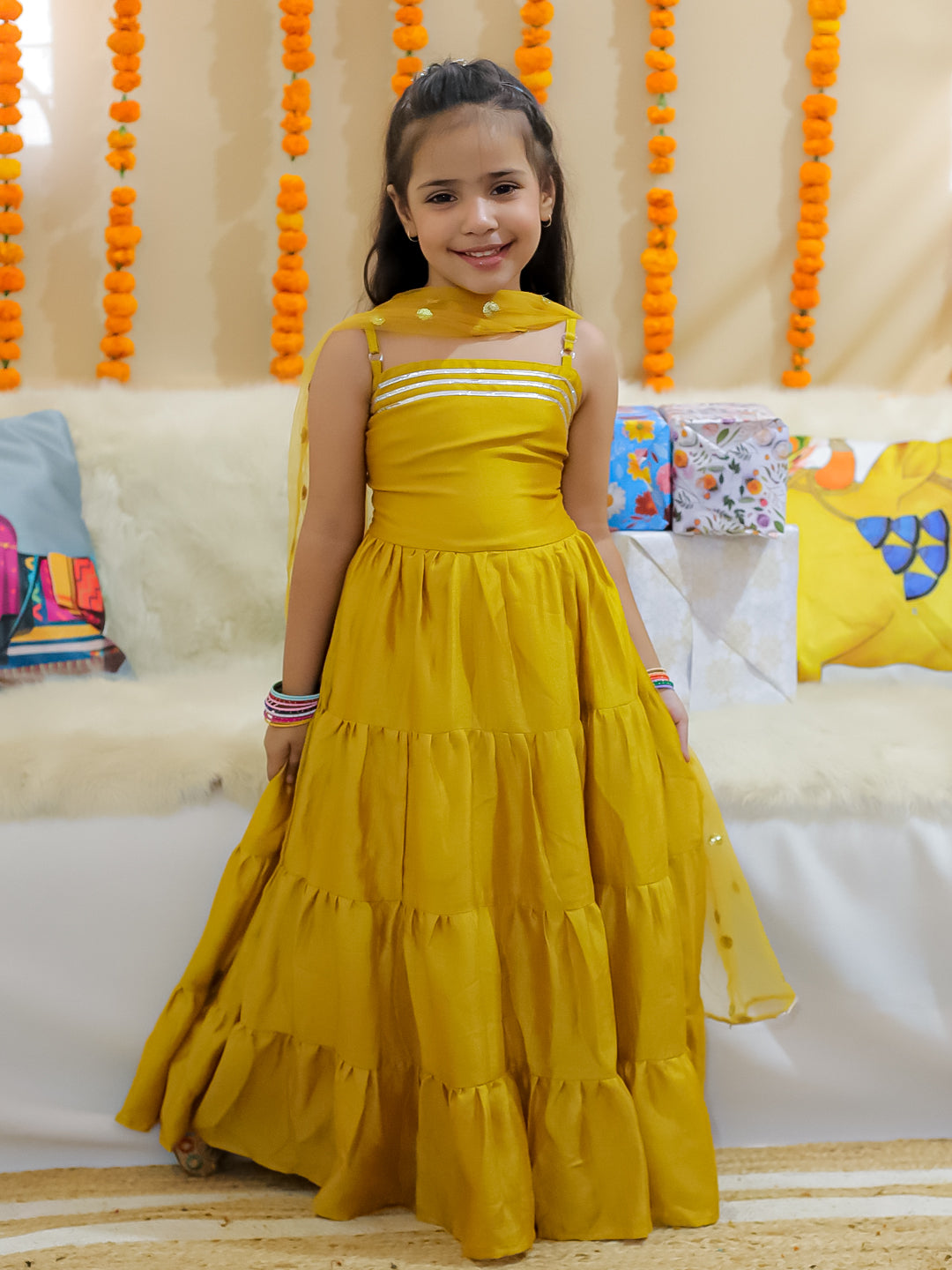 BownBee Tier Gown with Sequined Net Dupatta for Girls - Yellow