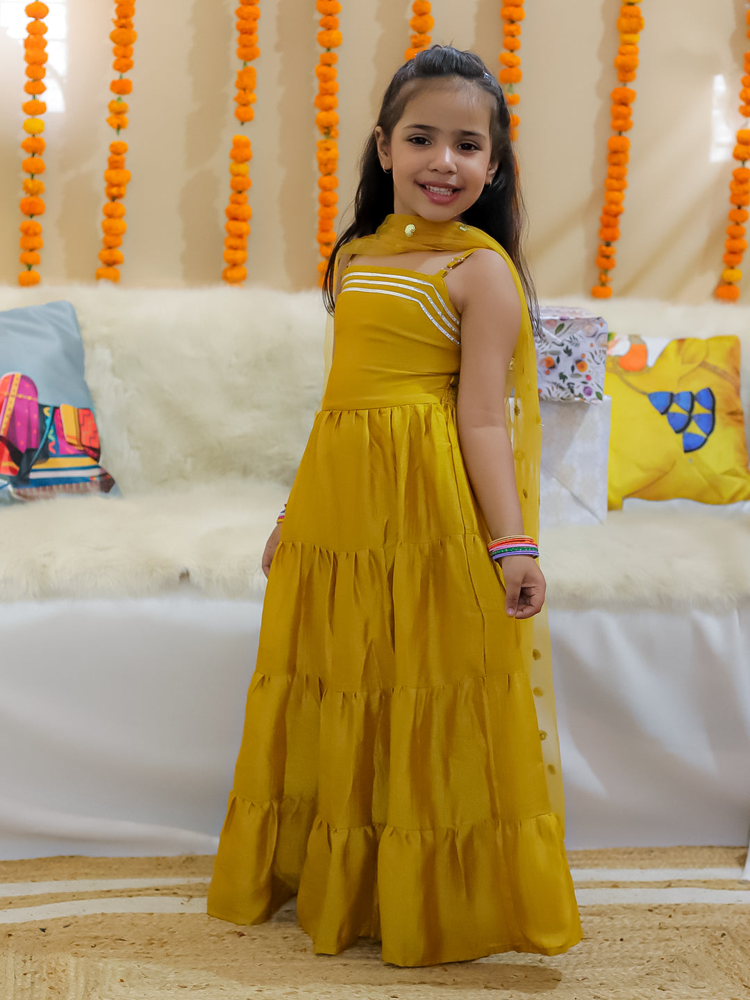 BownBee Tier Gown with Sequined Net Dupatta for Girls - Yellow