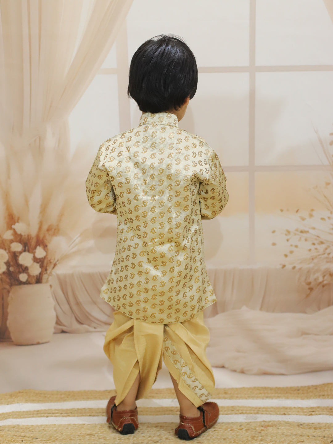 BownBee Jacquard Full Sleeve Sherwani Dhoti for Boys - Off White