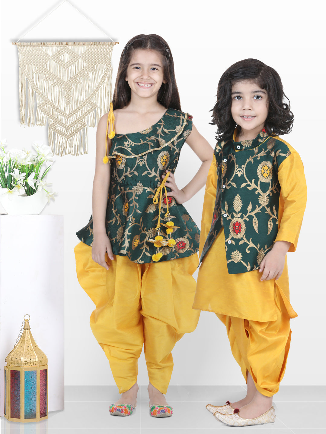 BownBee Sibling Sets Attached Dhoti Kurta and One Shoulder Ruffle Peplum Dhoti Set- Green