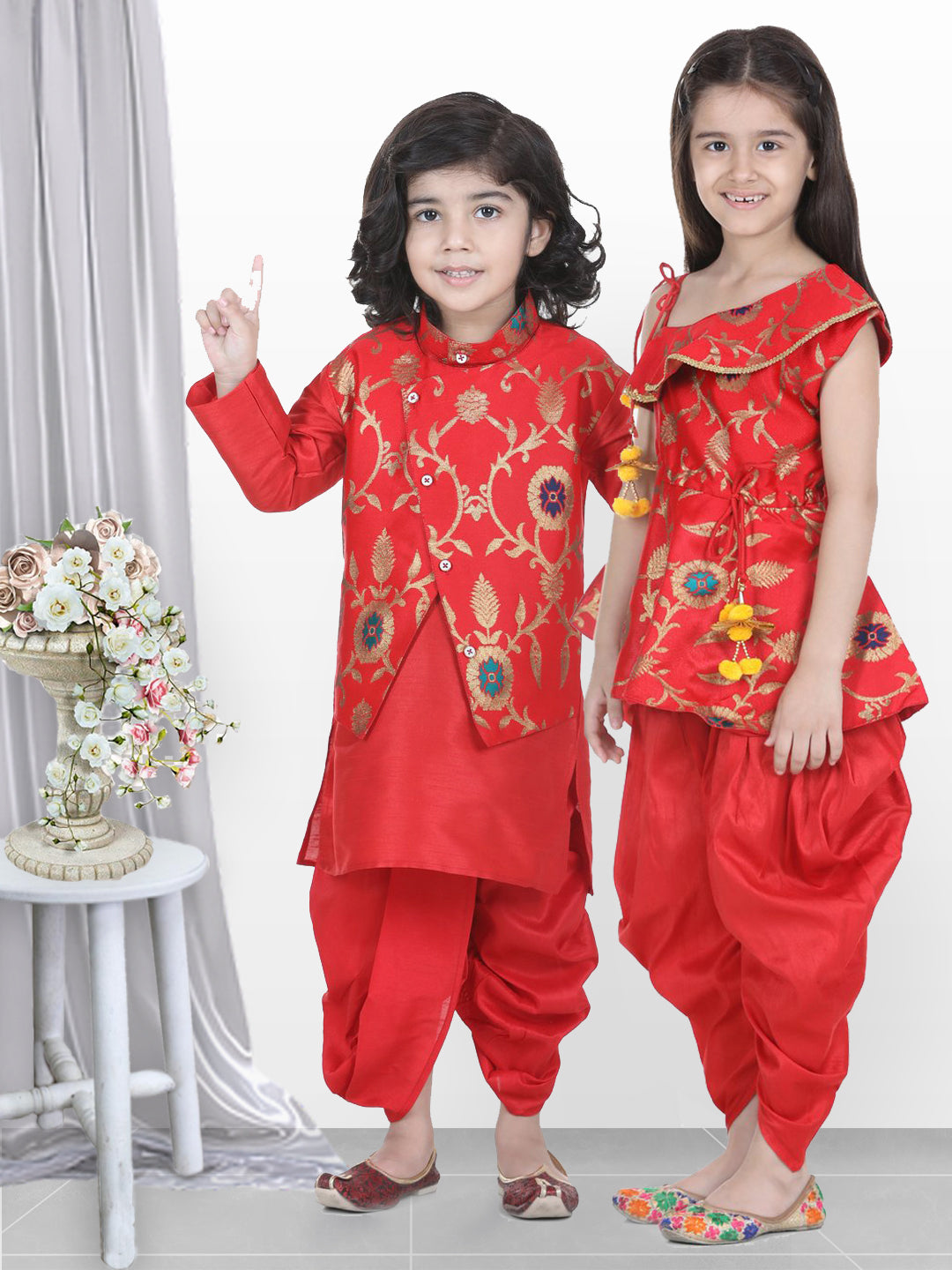 BownBee Sibling Sets Attached Dhoti Kurta and One Shoulder Ruffle Peplum Dhoti Set-Red