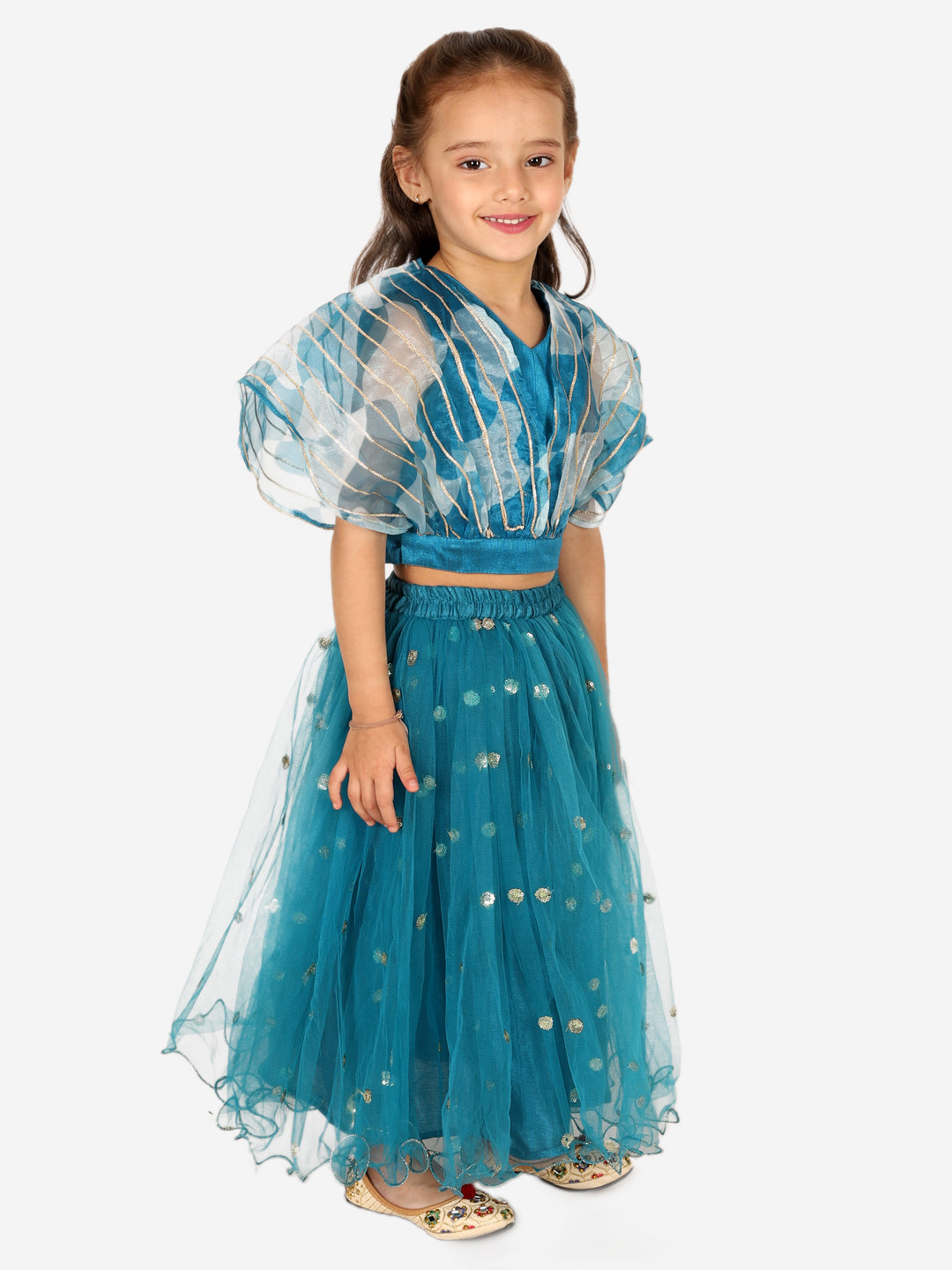 BownBee Organza Cape Choli with Sequined Net Lehenga for Girls- Blue